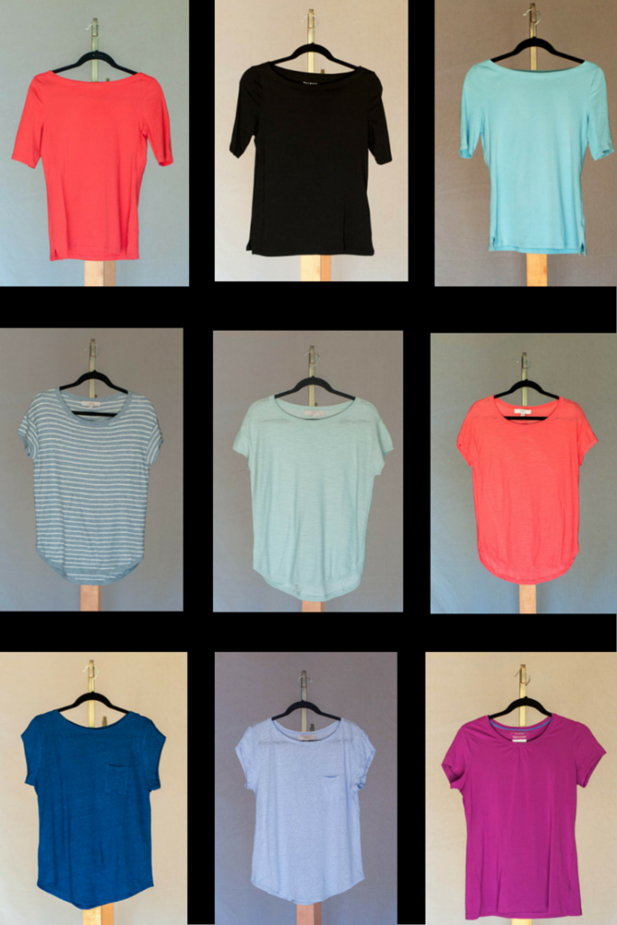 Weekend Stretch Bateau Tees in papaya fruit, black, and robin's egg. (Talbots) Slubbed Sweater Tees in striped blue heather, glass blue, and fluorescent coral (Loft) Linen Cap Tees in bright winter blue and morning mist (Loft), OmniShade Tee (Columbia) 