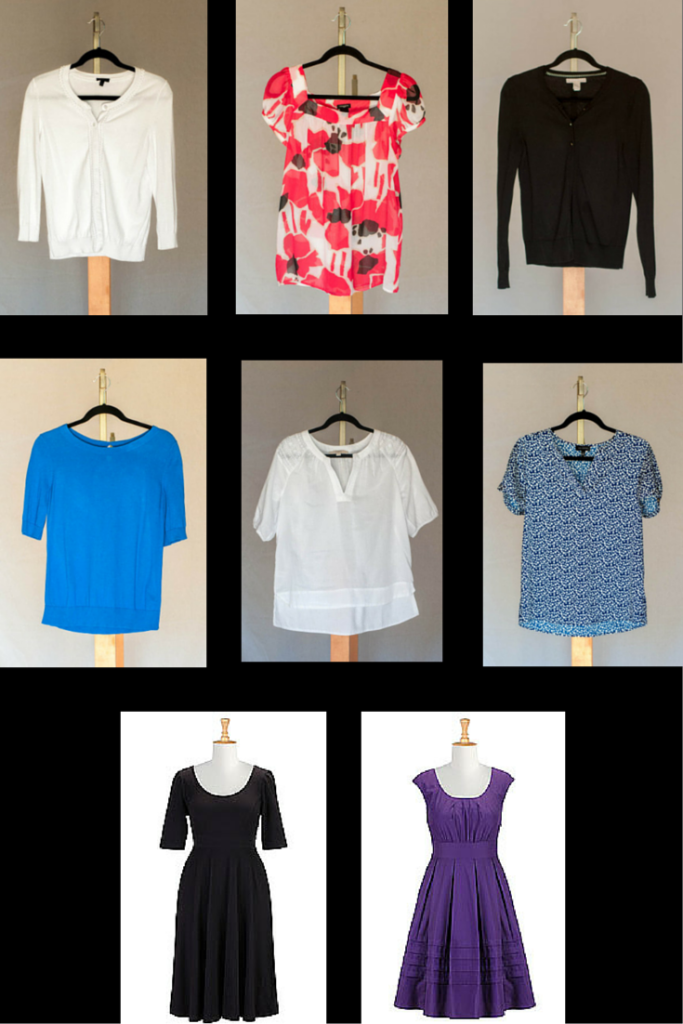 White 3/4 sleeve cardigan (Talbots), Transparent floral top (Ann Taylor), Black cardigan (Banana Republic) Blue Back Keyhole sweater (Talbots), White embroidered boho blouse (Loft), Blue and white dot crepe top (Limited) Black Fit and Flare Knit Dress (eShatki), Blue Chelsea dress (eShakti)